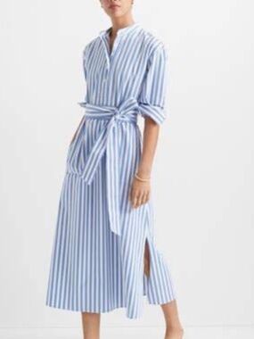 Club Monaco Half Placket Blue White Stripe Belted Midi Dress M NWT